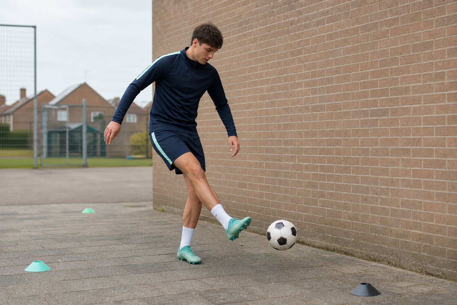 Amateurvoetballer oefent zijn eerste aanname met een bal tegen een bakstenen trainingsmuur