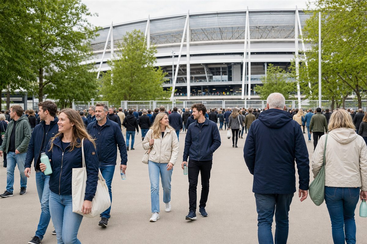 Bezoekers lopen ontspannen richting de ingang van een groot sportstadion